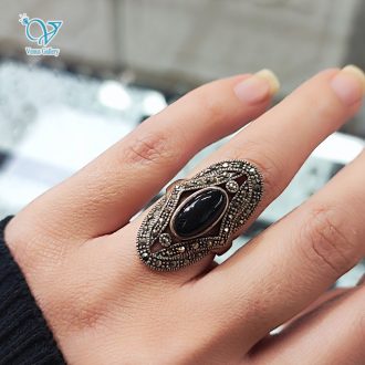 انگشتر نقره زنانه نگین مارکازیت سنگ اونیکس مشکی