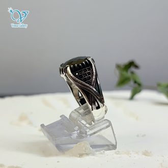 انگشتر نقره مردانه سیاه قلم نگین مارکازیت سنگ اونیکس مشکی کد 6188