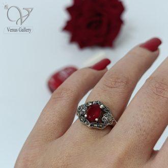 انگشتر نقره زنانه نگین مارکازیت هانگ با سنگ قرمز اتمی کد 7767