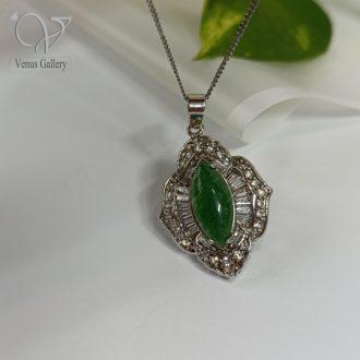 گردنبند نقره زنانه سنگ یشم سبز اصل نگین باگت و جواهری کد8237