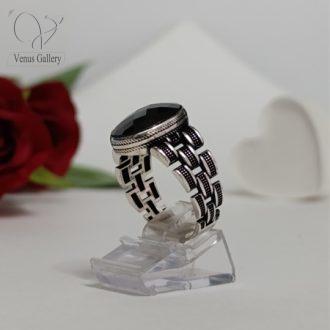 انگشتر نقره مردانه سنگ اونیکس مشکی چند وجهی بیضی ترکیه ای کد 8598
