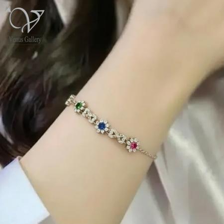 1 دستبند نقره دخترانه طرح گل با سنگهای رنگی | هدیه خاص روز زن و ولنتاین کد 3334 - Image 1