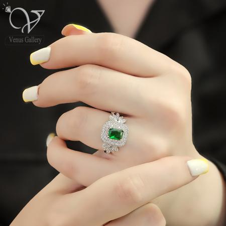 1 انگشتر نقره جواهری زنانه نگین سبز کد 2989 - Image 1