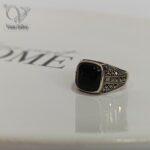 انگشتر نقره مردانه سنگ اونیکس مشکی نگین مارکازیت و سیاه قلم کد4983