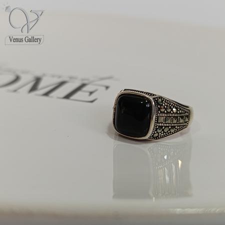 218.jpg انگشتر نقره مردانه سنگ اونیکس مشکی نگین مارکازیت و سیاه قلم کد4983 - Image 1
