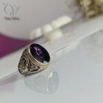 انگشتر نقره مردانه طرح آمیتیست با قلمکاری گل و گوزن کد 5059 - Image 2