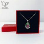 گردنبند نقره زنانه سنگ یاقوت سرخ اصل وسنگهای سنتتیک سبز طرح گل کد 8957