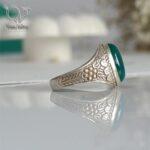 انگشتر نقره مردانه نگین سبز قلمکاری شده طرح گل کد 5066 - Image 2