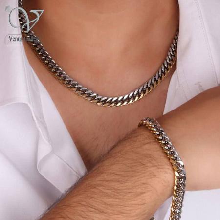 304.jpg ست گردنبند و دستبند کارتیر مردانه دو رنگ طلایی ونقره ای7571 - Image 1