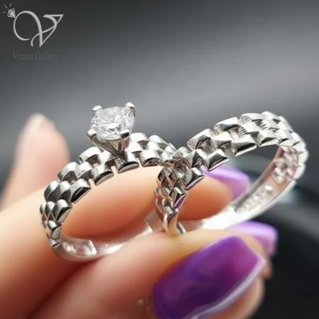 4 حلقه ست نقره عروس و داماد مدل رولکس Rolex – نقره ۹۲۵ اصل، طرح طلا سفید، ضد حساسیت کد 3189 - Image 1