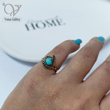 410-2.jpg انگشتر نقره نگین مارکازیت زنانه با سنگ فیروزه نیشابور اصل کد 4842 - Image 1