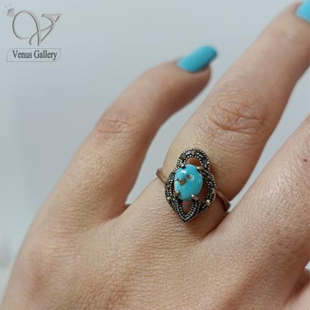 416.jpg انگشتر نقره زنانه سیاه قلم نگین مارکازیت و سنگ فیروزه نیشابور کد 4833 - Image 1