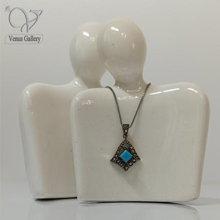 427.jpg گردنبند نقره هانگ نگین مارکازیت سنگ فیروزه آمریکایی کد 7964 - Image 1