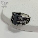 انگشتر نقره مردانه سیاه قلم ترک با سنگ اونیکس تراش طرح برگ فاخر کد8403