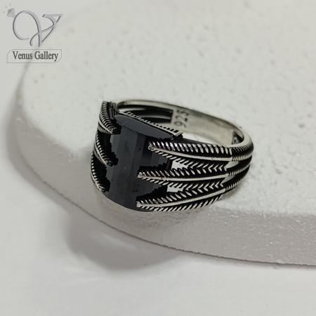 525.jpg انگشتر نقره مردانه سیاه قلم ترک با سنگ اونیکس تراش طرح برگ فاخر کد8403 - Image 1