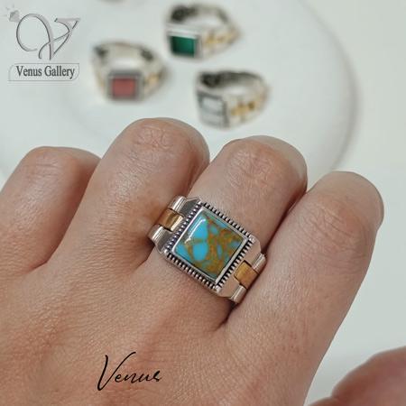 63-1.jpg انگشتر نقره مردانه رکاب بند ساعتی رولکس سنگ فیروزه صنعتی کد 6215 - Image 1