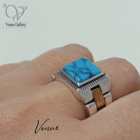 65.jpg انگشتر نقره مردانه رکاب بند ساعتی رولکس سنگ فیروزه چینی کد 3638 - Image 1