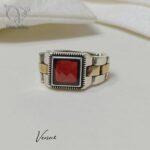 انگشتر نقره مردانه رکاب یند ساعتی رولکس با سنگ سنتتیک قرمز کد9911