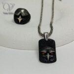 ست گردنبند و انگشتر نقره مردانه طرح عقاب تمام مشکی با نگینهای اتمی کد 8393