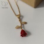 گردنبند غنچه گل رز قرمز نقره و دخترانه کد 9041