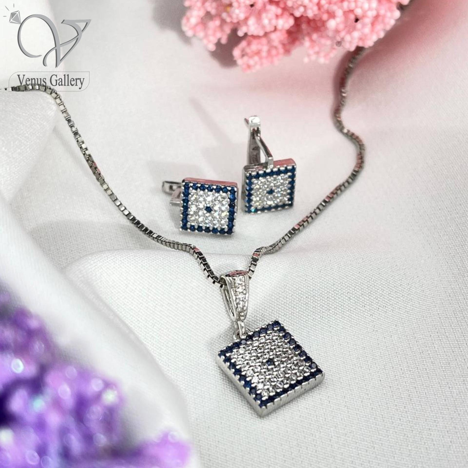 InShot_20230212_001535695.jpg نیم ست چشم و نظر نقره مربعی زنانه کد 704 - Image 1