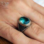 انگشتر نقره مردانه با سنگ کریستال اتمی آبی کد 2339