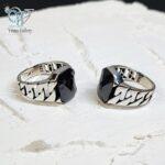 انگشتر نقره مردانه مدل کارتیه سنگ اونیکس سیاه چند وجهی