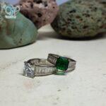انگشتر نقره زنانه جواهری نگین سبز و نگین الماسی سفید کد 6307 - Image 2