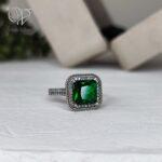 انگشتر نقره زنانه جواهری نگین سبز مربعی کد 6619