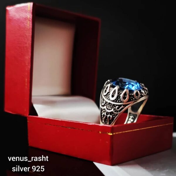 انگشتر نقره مردانه نگین آبی اتمی کد 998 - Image 3